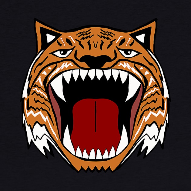 Fierce Roaring orange and black tiger with sharp teeth by galaxieartshop